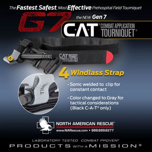 North American Rescue Combat Application Tourniquet (C-A-T or CAT) is true one handed application